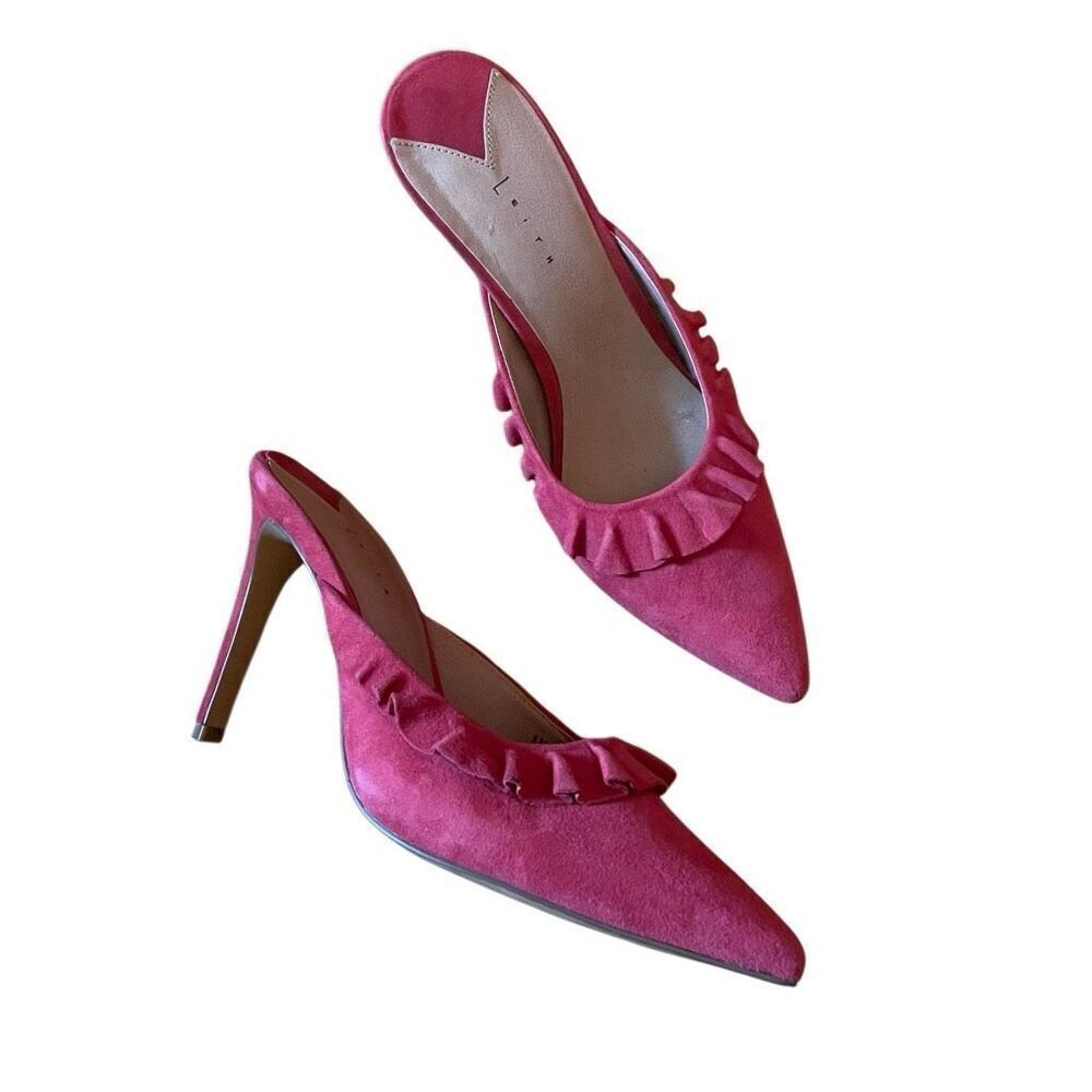 LEITH | pink suede mule heels with ruffle detail 8